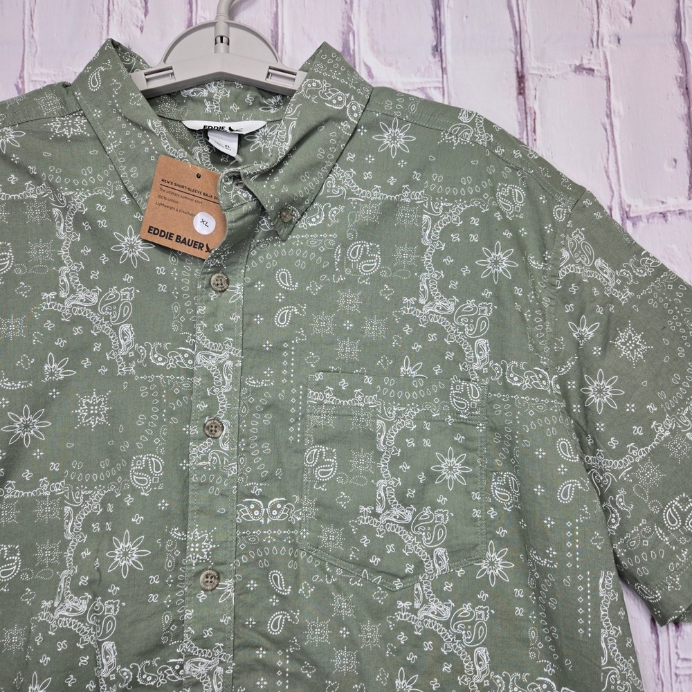 Eddie Bauer Mens XL Baja Shirt Sage Green Paisley Bandana Print Cotton Beach Fun